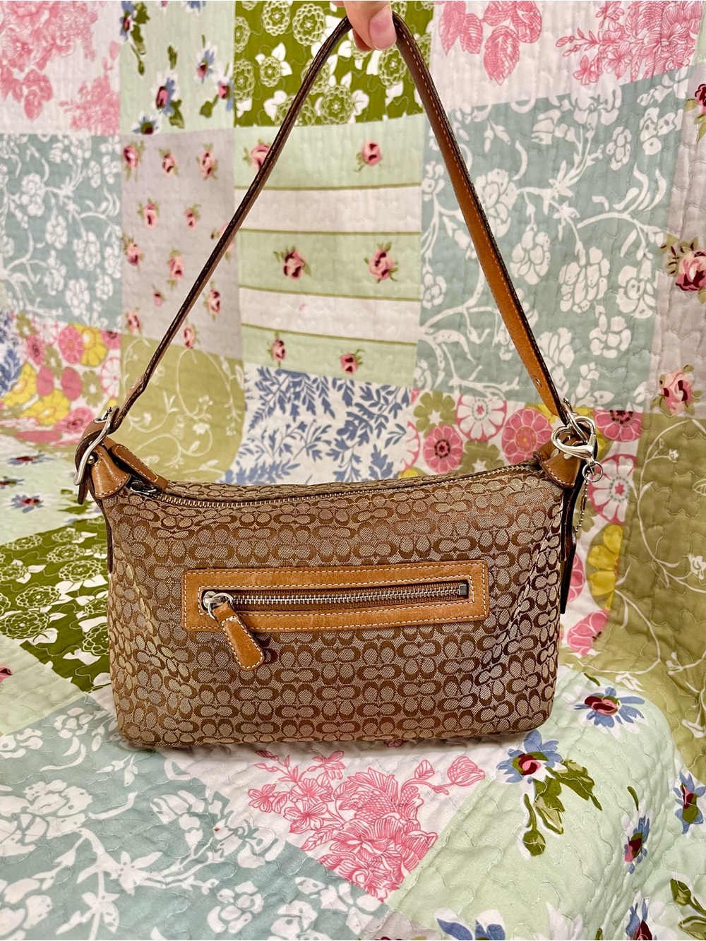 Coach Brown Signature Monogram Shoulder Bag with Tan Trim